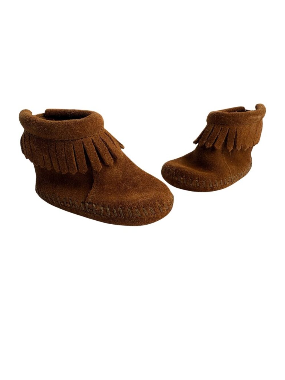 Minnetonka Back Strap Baby Fringe Bootie Brown Suede Moccasin Infant Size 1 - Picture 3 of 12